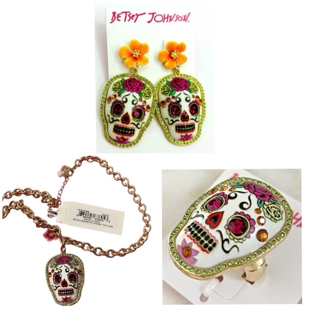 BETSEY JOHNSON SET Sugar Skull El Dia de los Muertos Earrings Necklace Ring NWT